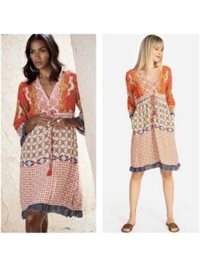 Johnny Was Rayne Dress L Red Floral Bohemian V neck 3/4 sleeves Tie Waist Size L